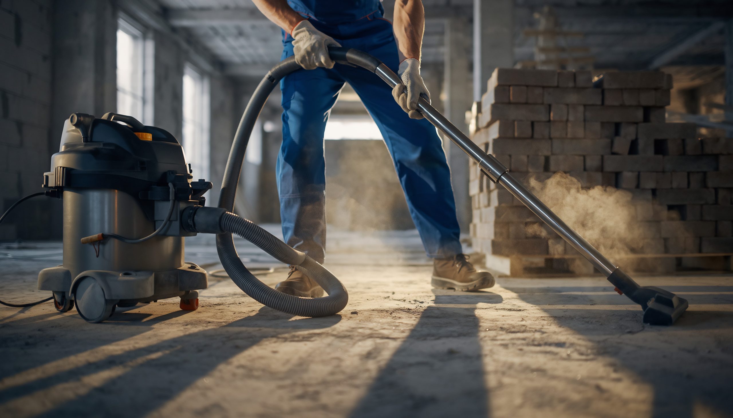 Professional worker vacuuming dusty floor with an industrial vacuum cleaner in a construction site, concept for cleanliness, renovation and maintenance.