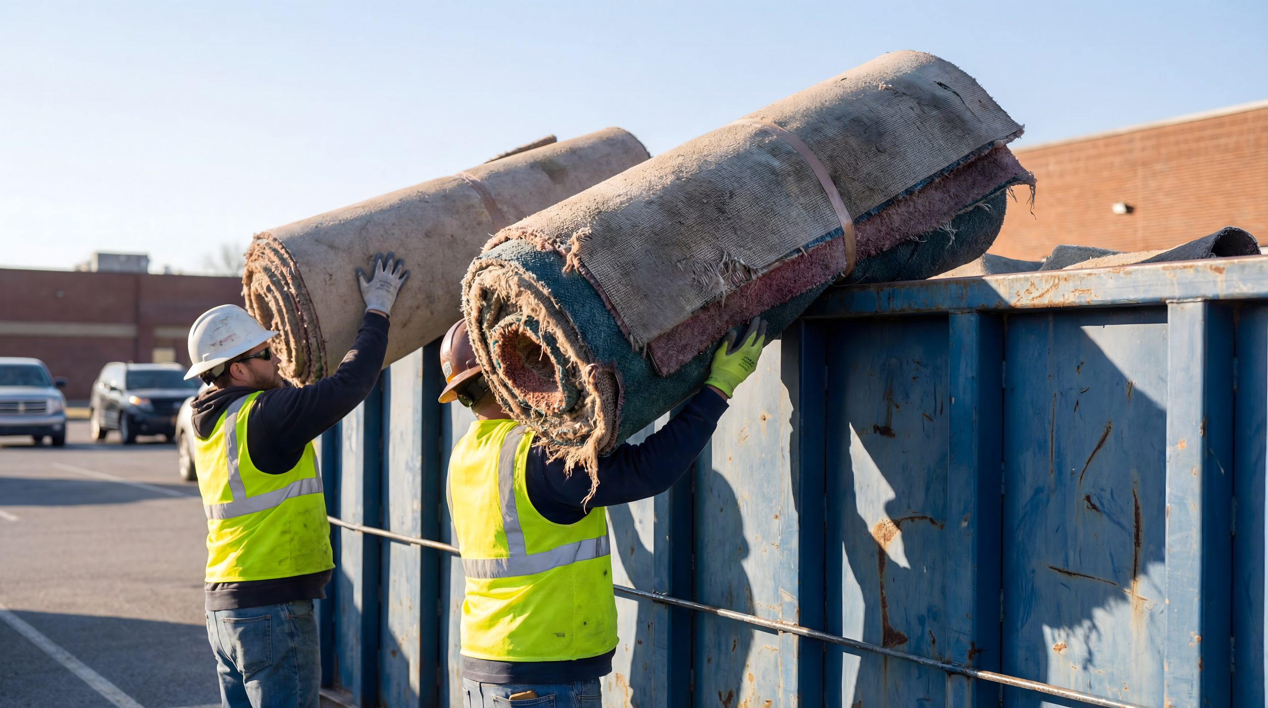 Construction workers dumping old carpet rolls into dumpster